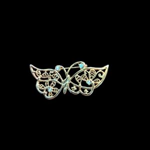 Vintage Butterfly Brooch Pin with White Rhinestones